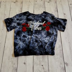Mighty Fine XS Tie Dye Weekend Vibes with Roses T shirt. Bottom has elastic